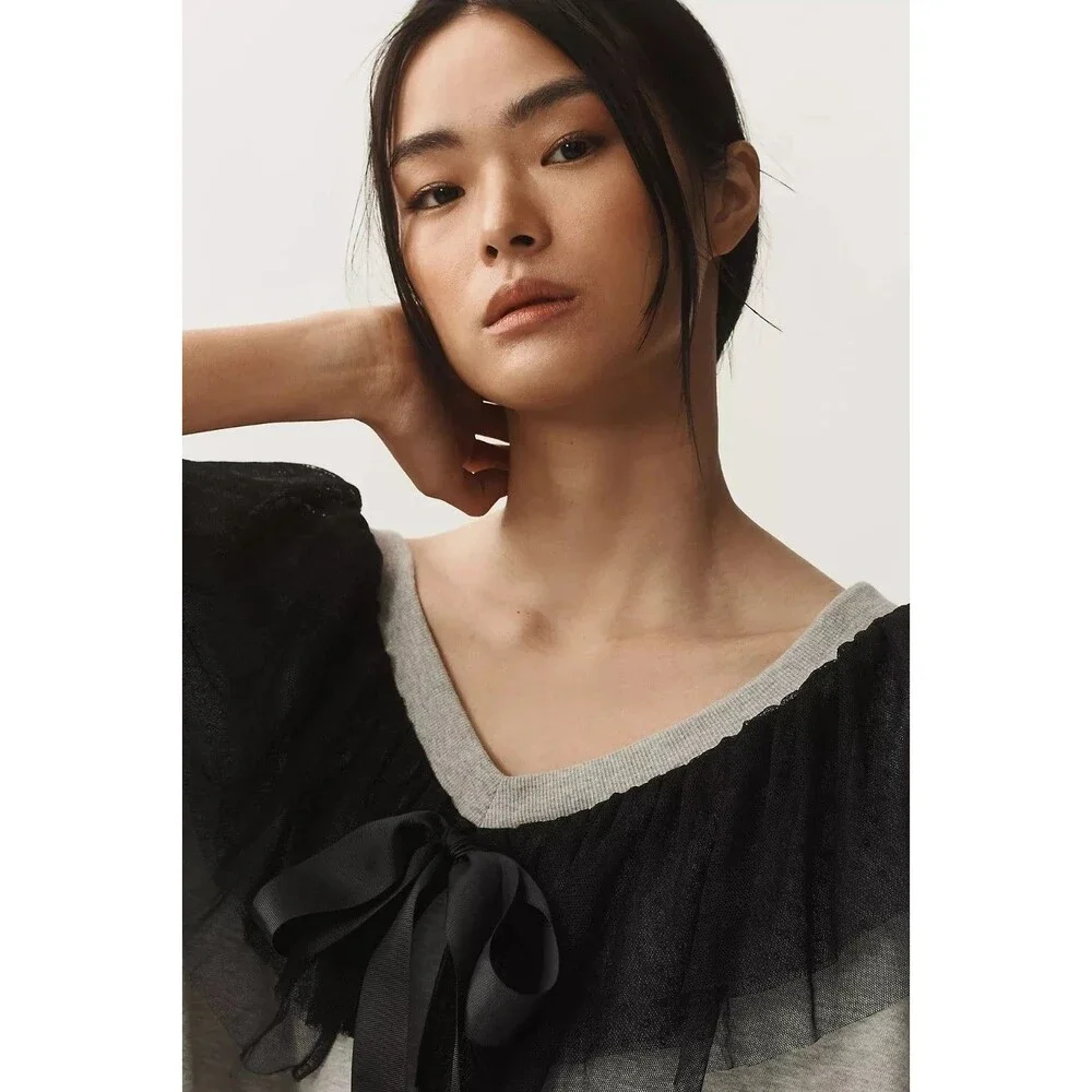 Anthropologie Maeve V-Neck Bow Sweater Pullover Top Tulle Mesh Ruffle XL 289709